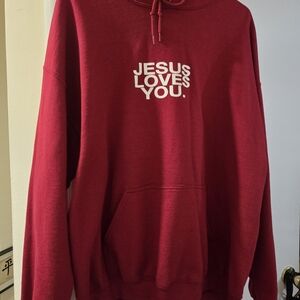 Red Hoodie with 'Jesus Loves You' Print